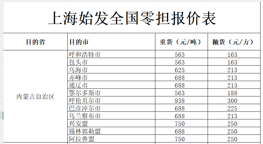 上海发内蒙各地物流报价